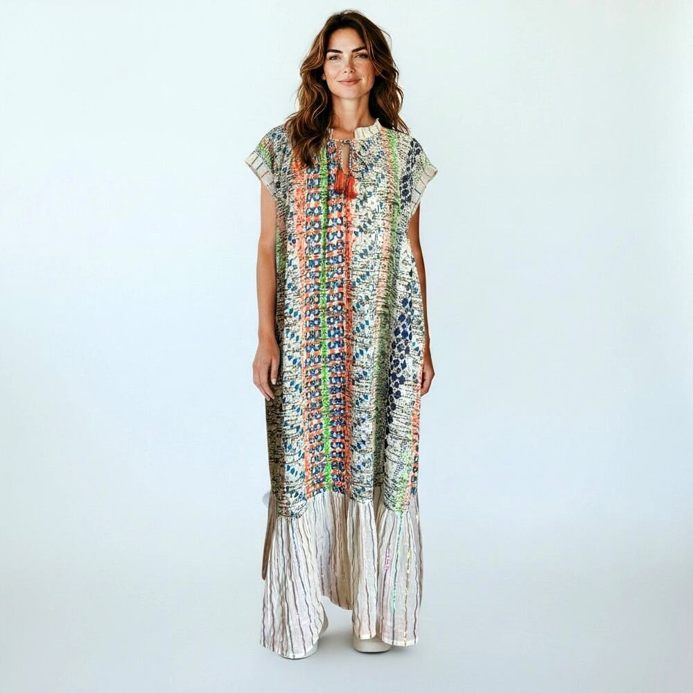 Gold & Silver Paris Cotton Boho Caftan Maxi Dress TU Tassel Beach Cover Up